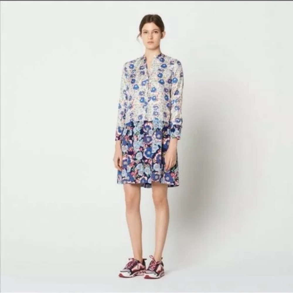 Sandro Floral Mix-Print Dress in Blue and White